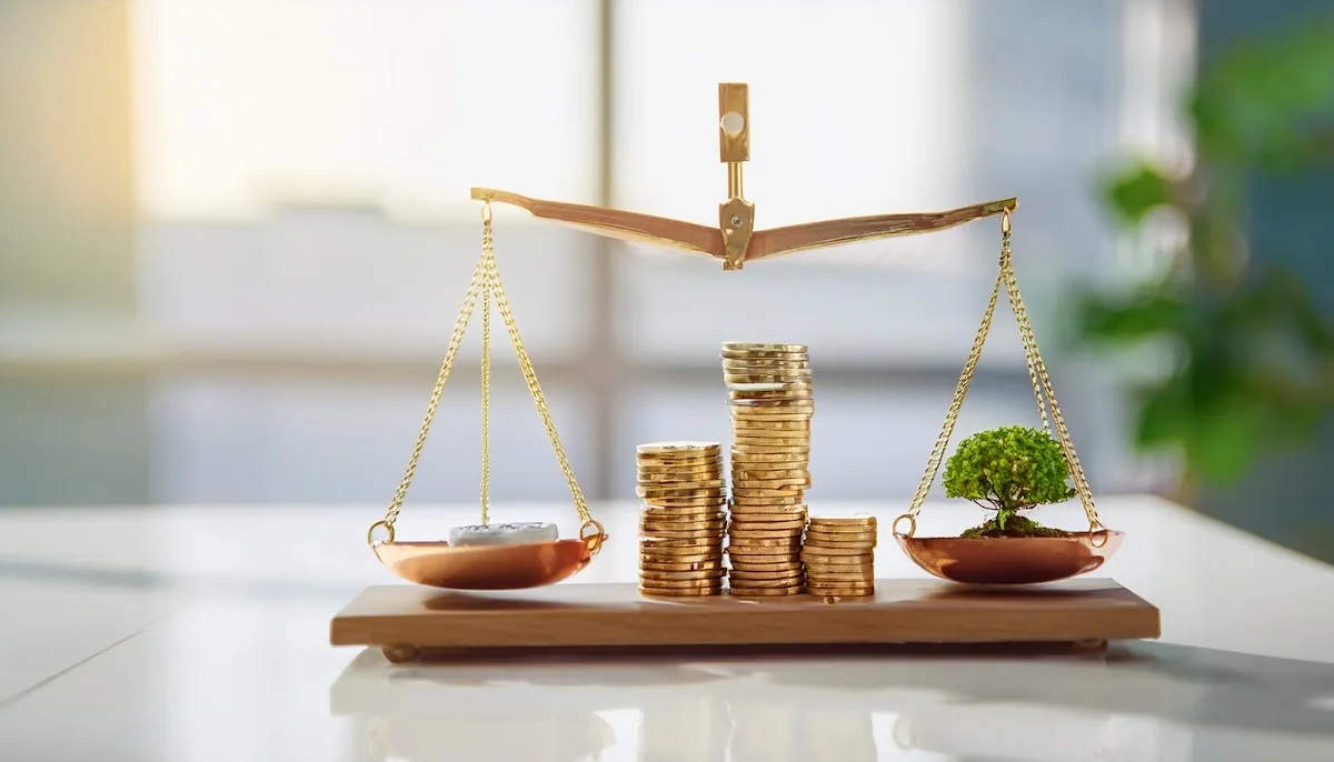 Gold coins balanced against a growing plant on a scale, illustrating long-term ETF allocation discipline