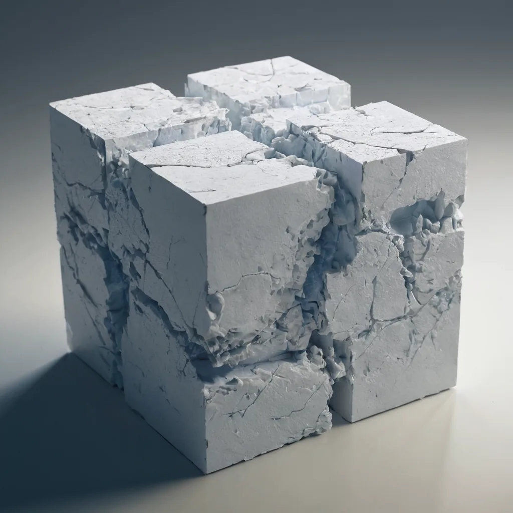 An industrial polymer block with internal light glowing through stress fractures, symbolizing imminent infrastructure expansion.