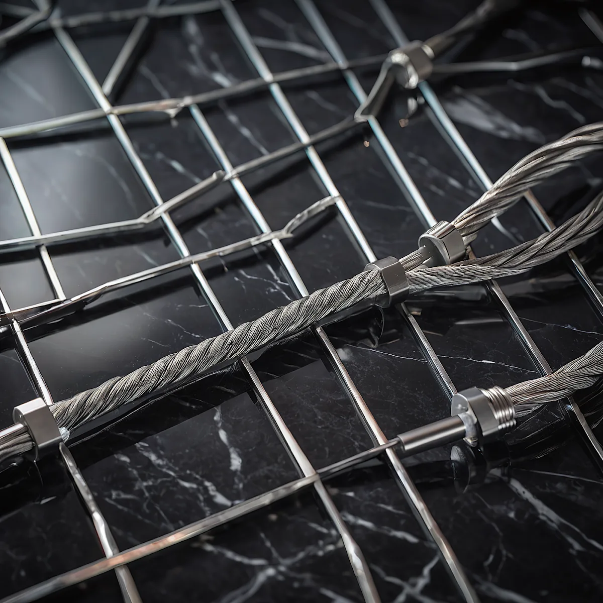 Metallic cables and glass prisms arranged in a grid pattern, evoking energy infrastructure