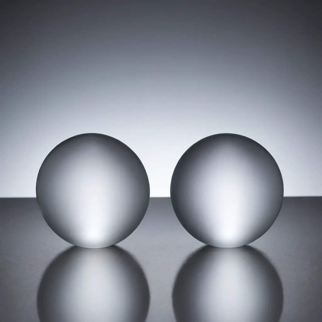 Two frosted glass spheres of identical size symbolizing the symmetry of compounding wealth over fixed doubling cycles.