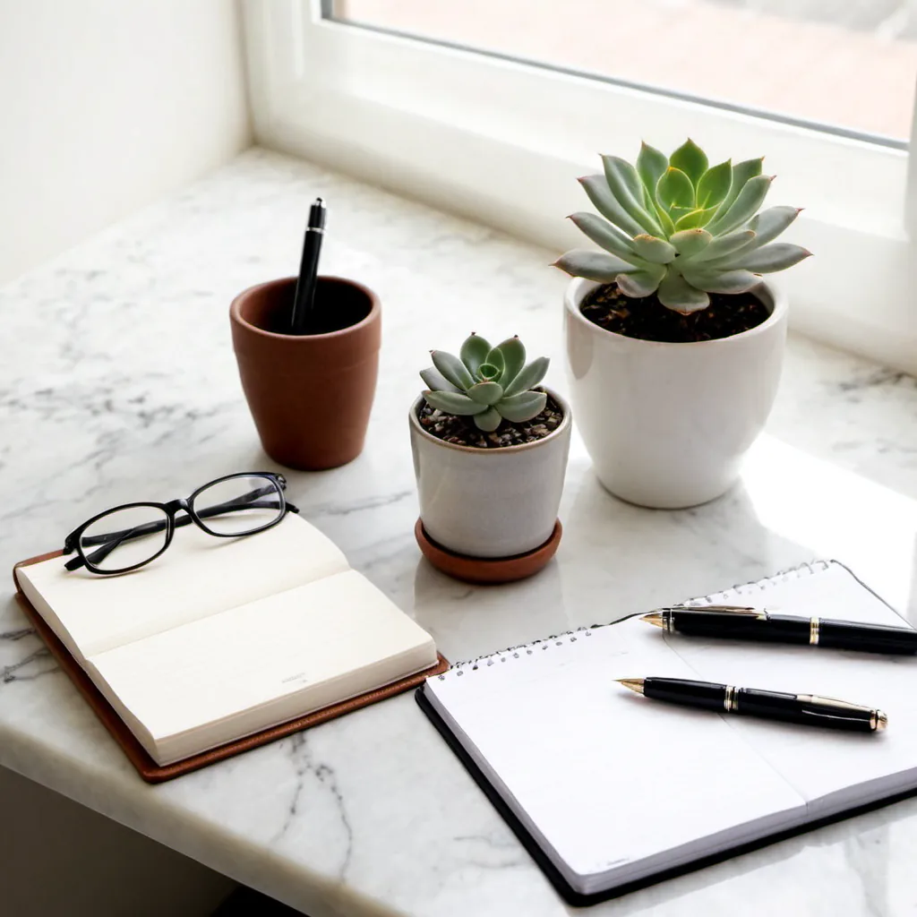 A clean marble desk with a leather folio and fountain pen, suggesting a deliberate estate-planning workspace
