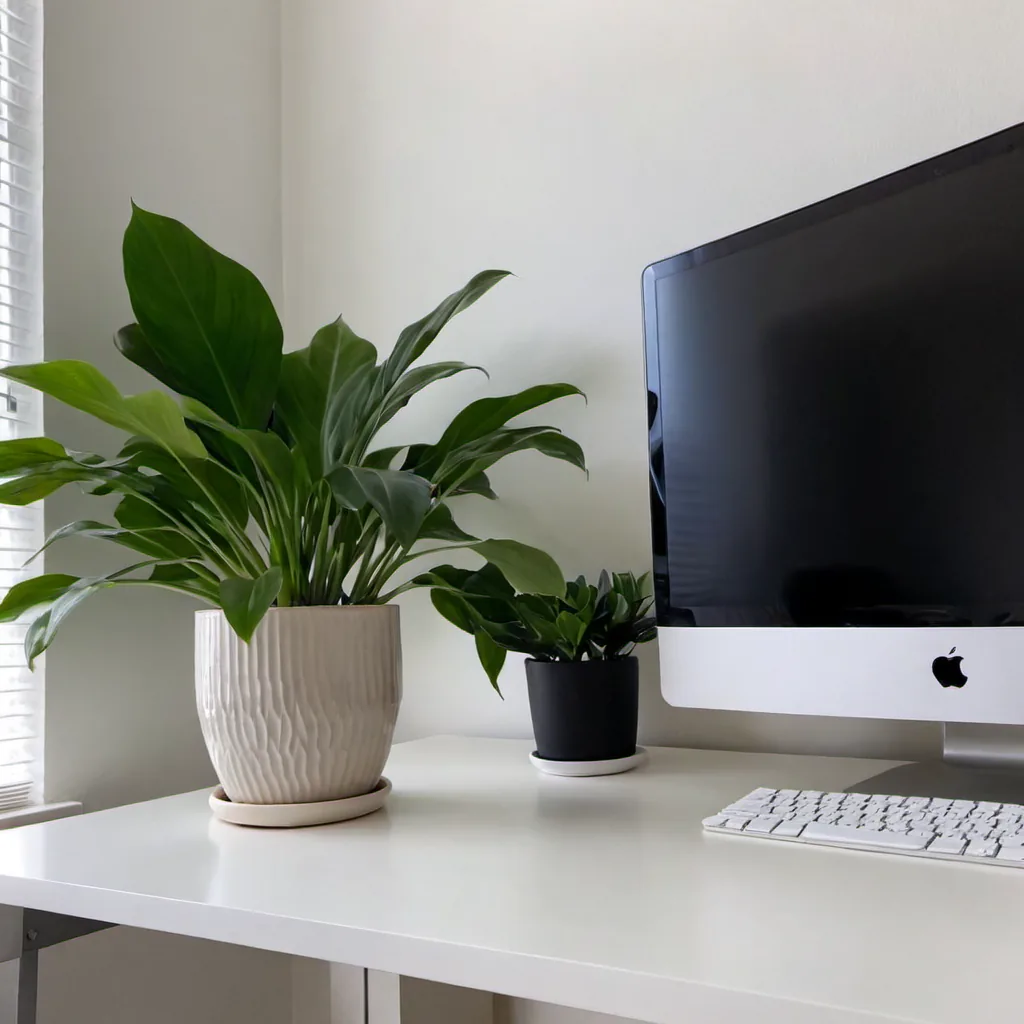 Minimalist desk with a green plant beside a monitor — quiet, long-horizon investing aesthetic