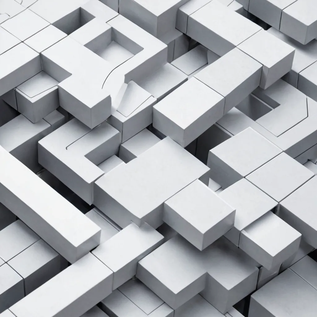A precise, top-down geometric arrangement of white architectural blocks and metallic lines symbolizing a strategic plan