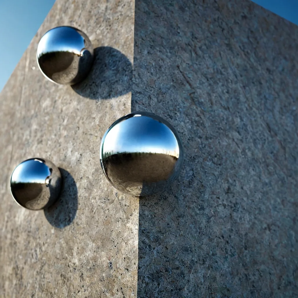A granite block balanced on small metal spheres — a visual metaphor for a stable portfolio resting on diversified foundations