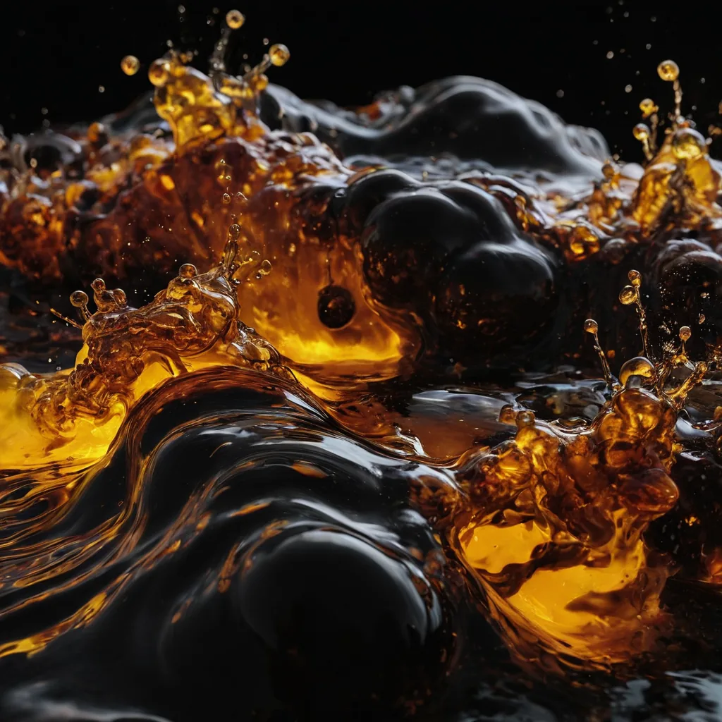 Hot amber liquid colliding with a cold dark liquid — a visual metaphor for the energy exchange behind AI's compute load